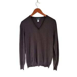ZANONE Made in Italy V-Neck Sweater Fine Knit Wool Brown Stripes Size 52/US Med